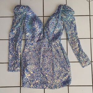 Alyce Paris Blue and Silver Sequin backless mini Dress